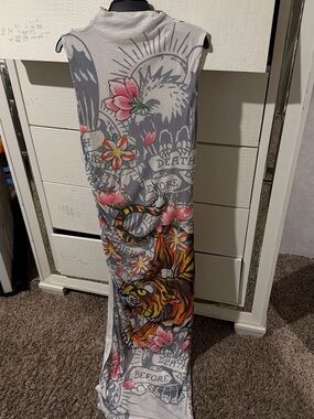 Ed Hardy Floral Tiger Graphic Maxi Skirt in Gray and Pink
